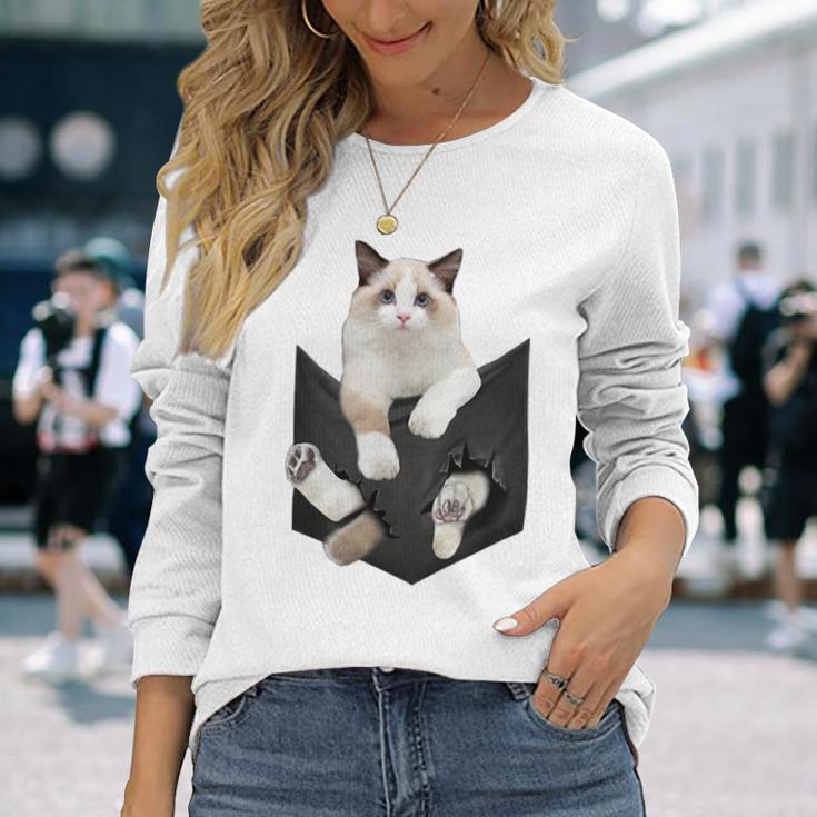 猫好き ラグドール 猫 ポケット入り 長袖Tシャツ 彼女への贈り物