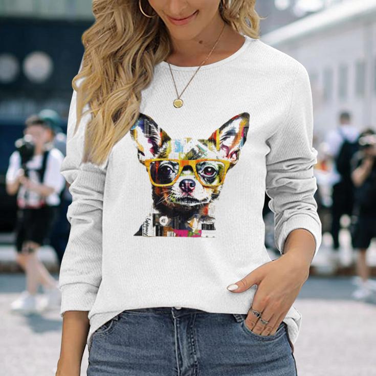 黄色のメガネを着たチワワ 明るい色 長袖Tシャツ 彼女への贈り物