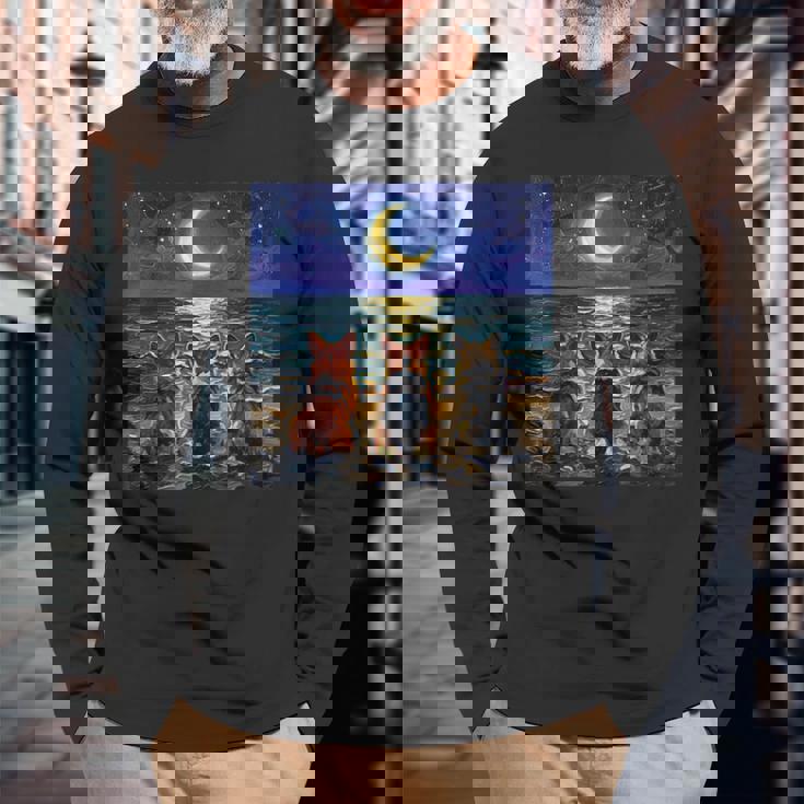 3 コーギーの夜のビーチかわいい犬と三日月のアートワーク 長袖Tシャツ 高齢者への贈り物