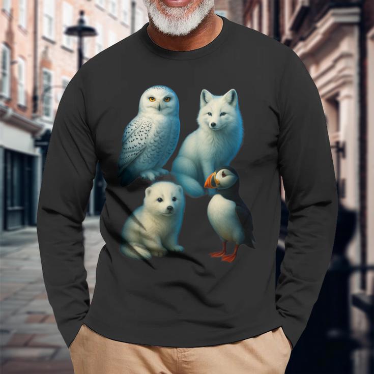 Arctic Animals コラージュ シロフクロウ キツネアザラシ ツノメ 長袖Tシャツ 高齢者への贈り物