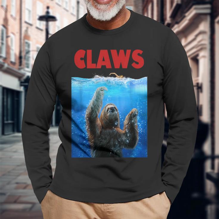 Beware Of Claws 面白いナマケモノ シャーク 映画 パロディ 長袖Tシャツ 高齢者への贈り物