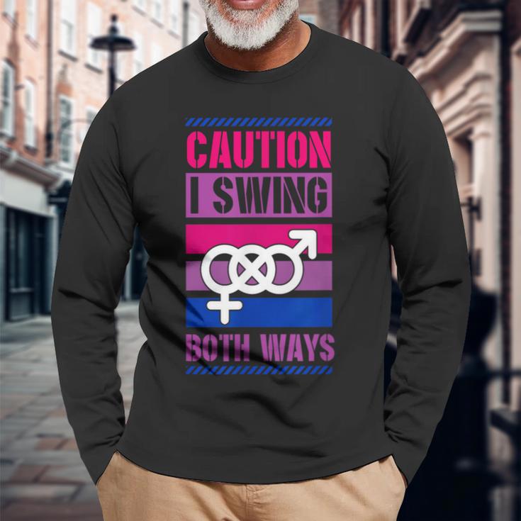 Caution Iwing Both Ways バイセクシャル プライド ジョーク 長袖Tシャツ 高齢者への贈り物