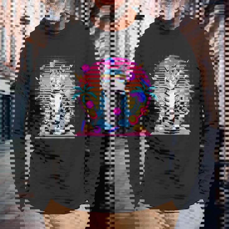 Cool Cat 瞑想 ヴェイパーウェーブ 80年代 レトロ シンセウェーブ 長袖Tシャツ 高齢者への贈り物