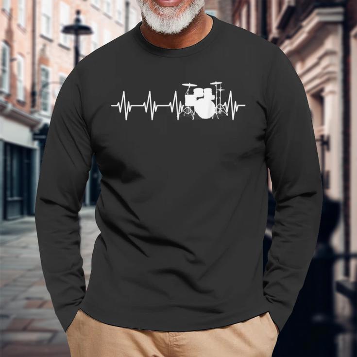 Drums Heartbeat ドラマー&パーカッショニスト音楽愛好家向け 長袖Tシャツ 高齢者への贈り物