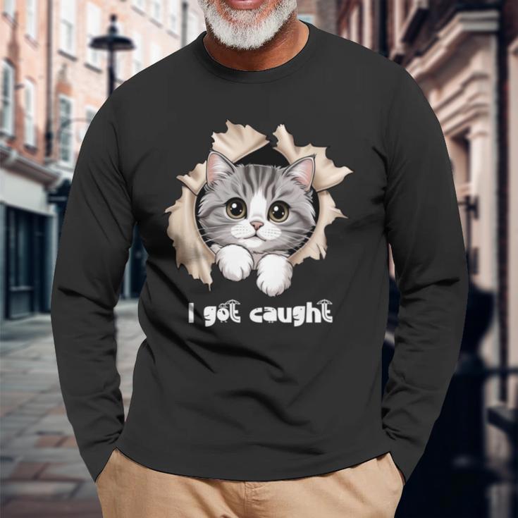 I Got Caught 子猫かわいい 長袖tシャツ 長袖Tシャツ 高齢者への贈り物