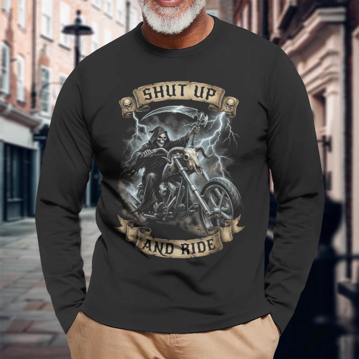 Grim Reaper オートバイ バイカー スケルトン シャット アップ アンド ライド 長袖Tシャツ 高齢者への贈り物