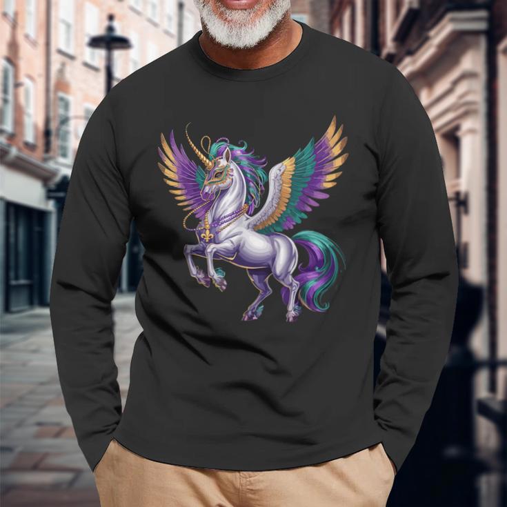 Happy Mardi Gras ユニコーンマスク ニューオーリンズフェスティバル 長袖Tシャツ 高齢者への贈り物