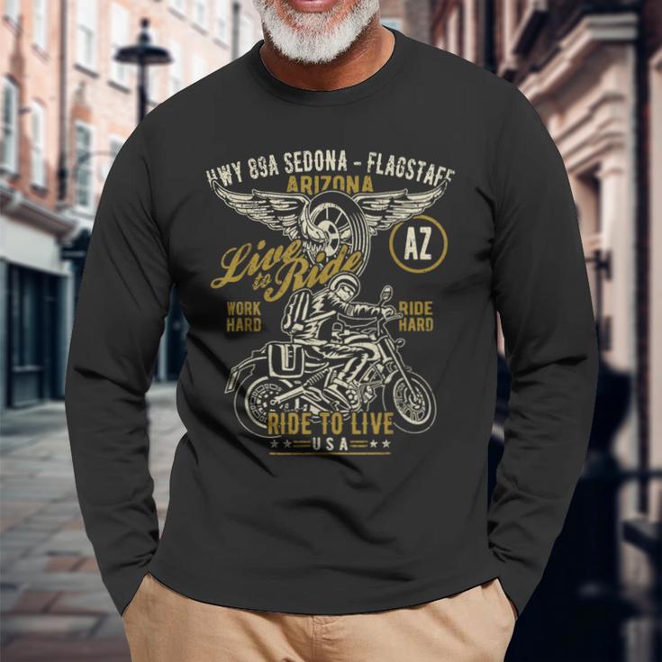 Hwy 89A セドナ フラッグスタッフ Azusa オートバイ アンティーク調デザイン 長袖Tシャツ 高齢者への贈り物
