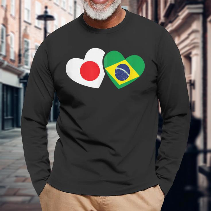 Japanese Flag Brazilian Flag Heart 日系ブラジルブラジル国旗日本国旗 長袖Tシャツ 高齢者への贈り物