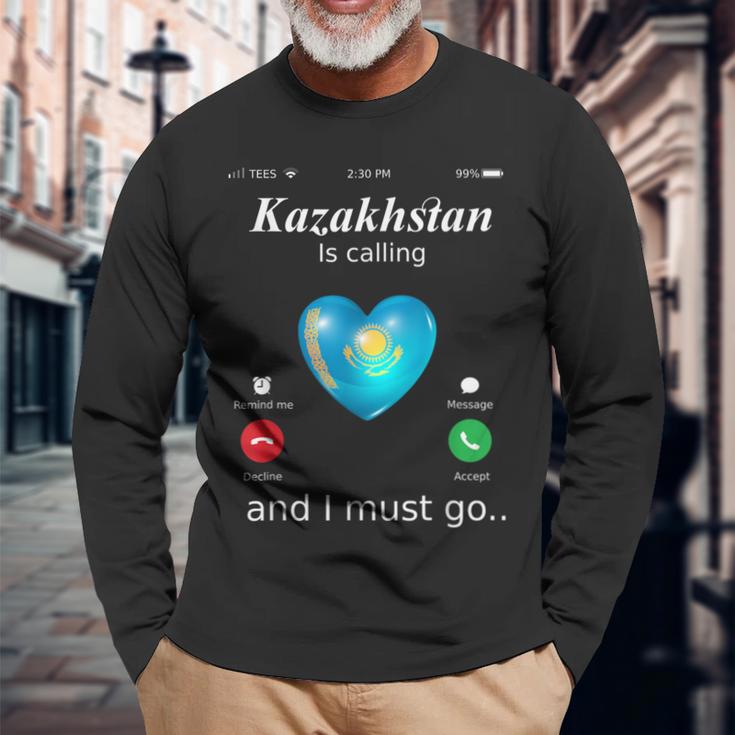 Kazakhstan Ruft Und Ich Muss Gehen カザフスタン国旗tシャツ 長袖Tシャツ 高齢者への贈り物