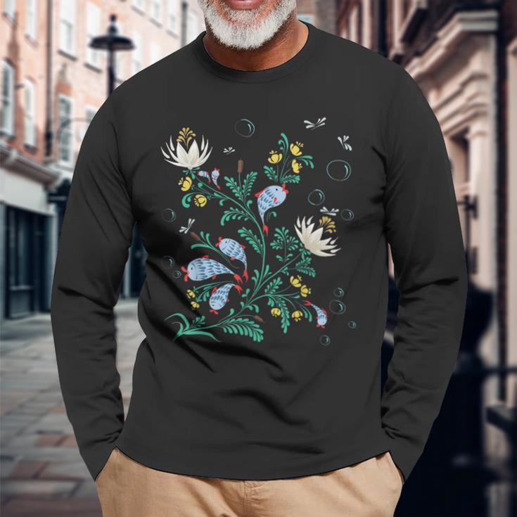Magic Fish ファニー フィッシング フローラル ヴィンテージ ウクライナ ヴィシバンカ 長袖Tシャツ 高齢者への贈り物