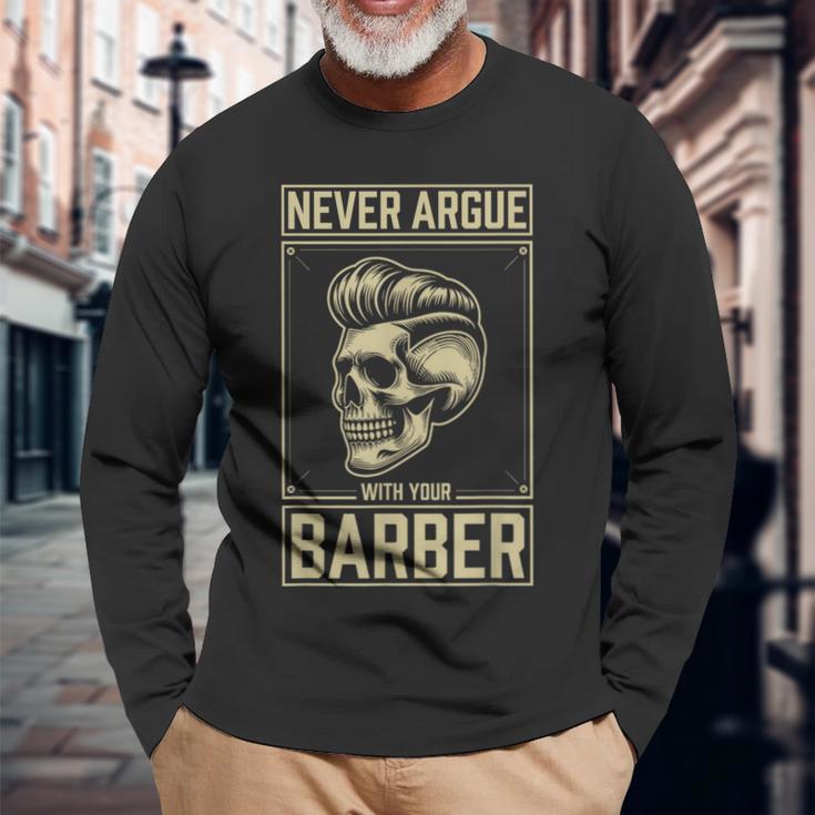 Skull Never Argue With Your Barber クラシック ヴィンテージ バーバー 長袖Tシャツ 高齢者への贈り物