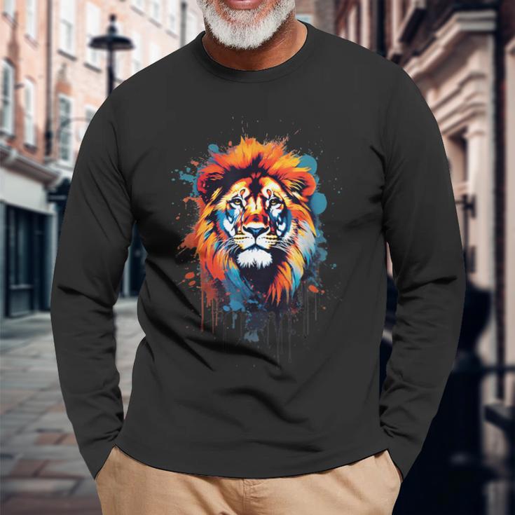 Strong Regal Lion Magestic Lion クールカラフルライオンステンシル 長袖Tシャツ 高齢者への贈り物