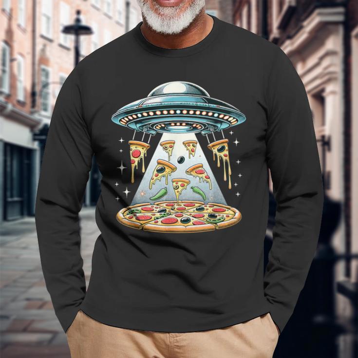 Ufo エイリアン 食べるピザ誘拐 面白い食べ物愛好家 長袖Tシャツ 高齢者への贈り物