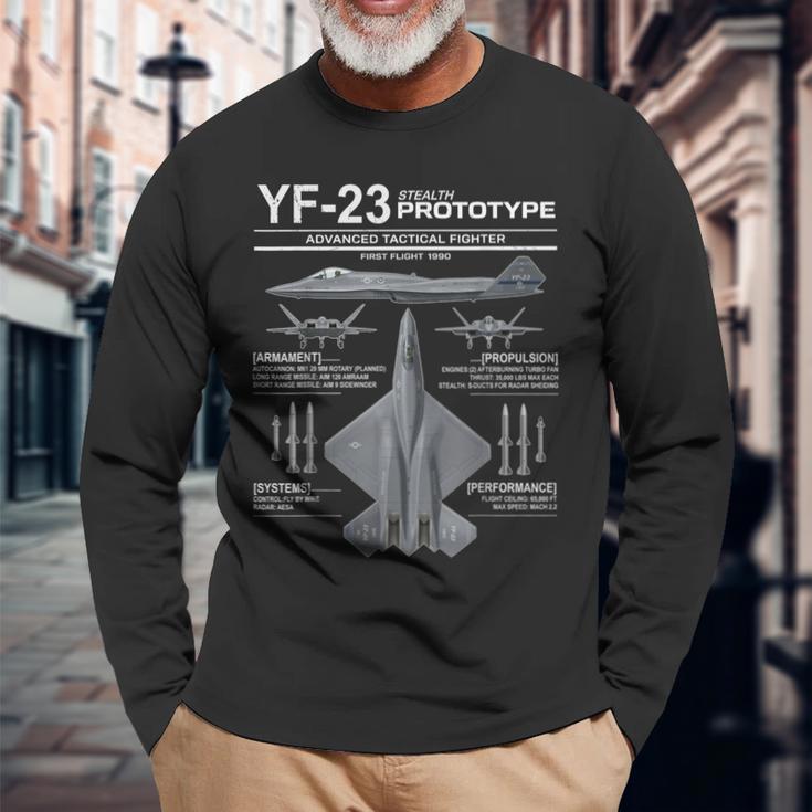 Yf-23ステルス戦闘機ミリタリージェットスペックインフォグラフィック 長袖Tシャツ 高齢者への贈り物