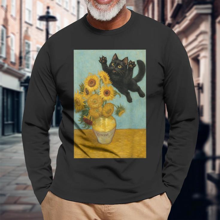 いたずら好きな猫 ひまわり ゴッホ 絵画 猫 長袖Tシャツ 高齢者への贈り物