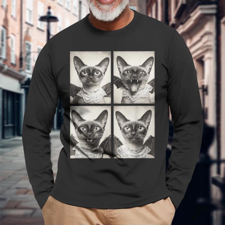 おもしろい 吸血鬼 シャム猫 コウモリのコスチューム 猫 ハロウィン 長袖Tシャツ 高齢者への贈り物