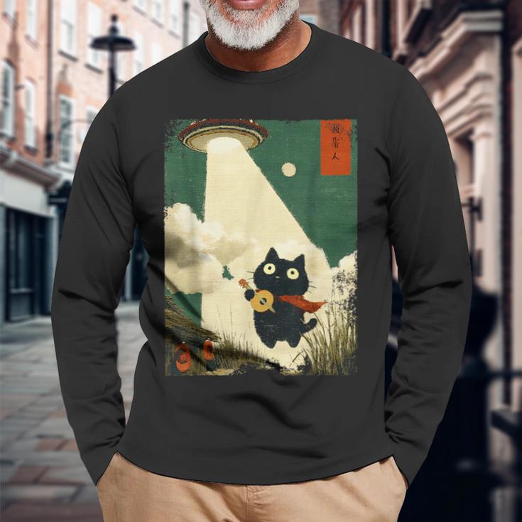 おもしろい 日本猫誘拐 エイリアン Ufo ギター ウクレレ 音楽 長袖Tシャツ 高齢者への贈り物