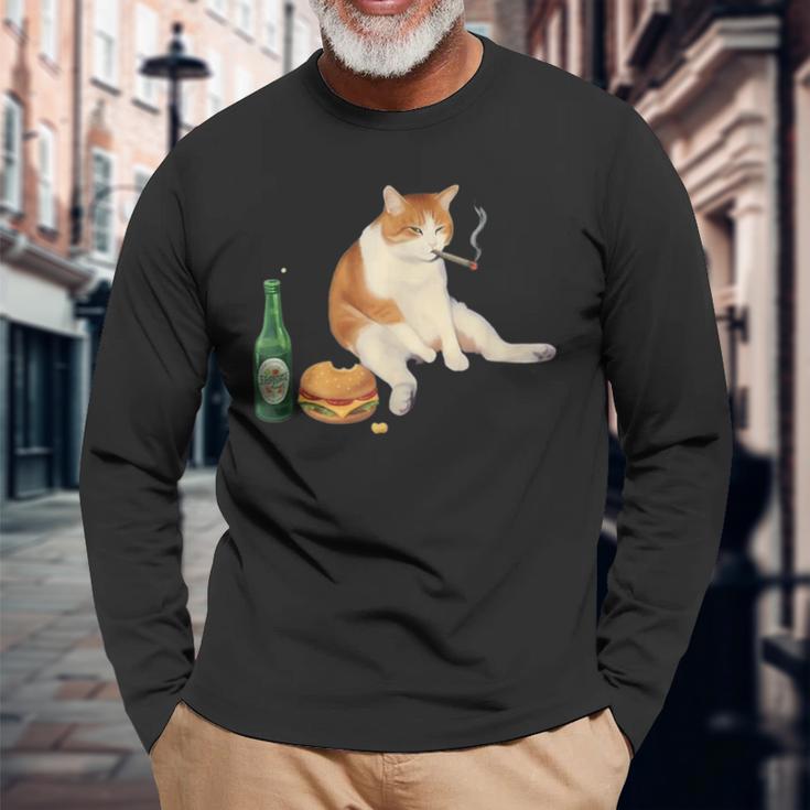 おもしろ猫 喫煙 ジョイント ビール タバコ キティ Gen Z ミーム 長袖Tシャツ 高齢者への贈り物