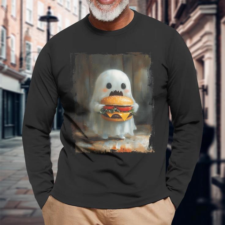 かわいい ハンバーガー おばけ 食べる ハンバーガー ハロウィン 食べ物 恋人 長袖Tシャツ 高齢者への贈り物