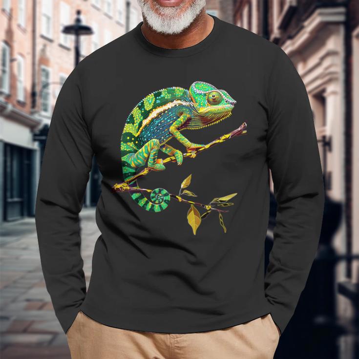 かわいいカラフルなカメレオントカゲ動物愛好家のアート 長袖Tシャツ 高齢者への贈り物