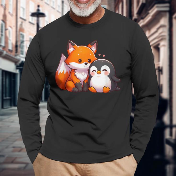かわいいキツネとペンギンのデザイン 長袖Tシャツ 高齢者への贈り物