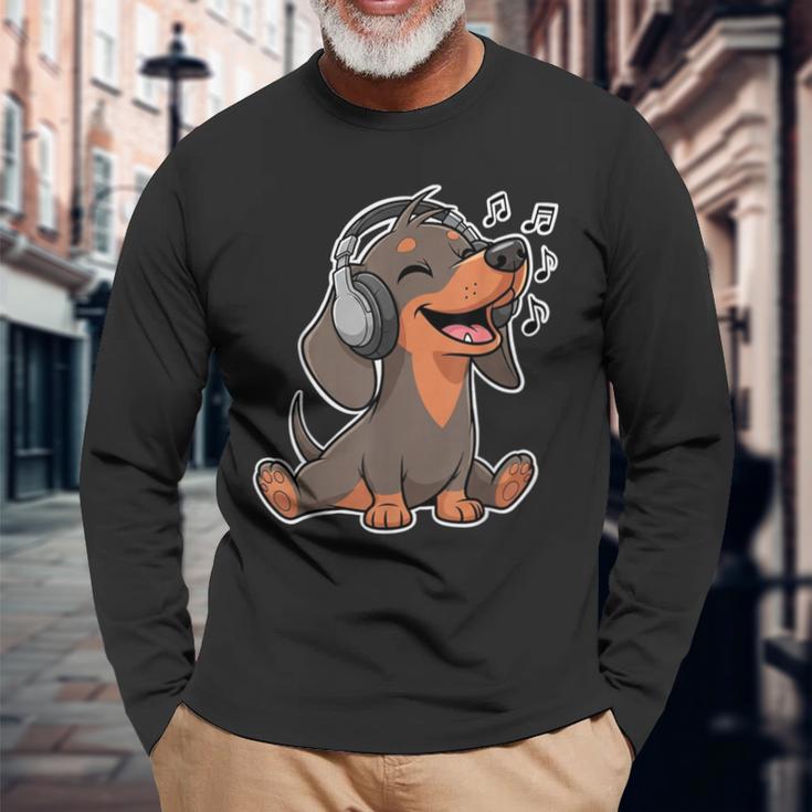 かわいいダックスフント音楽愛好家ヘッドフォン 長袖Tシャツ 高齢者への贈り物