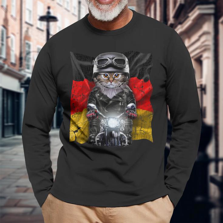 ぶち猫 ねこ バイク ドイツ 長袖Tシャツ 高齢者への贈り物