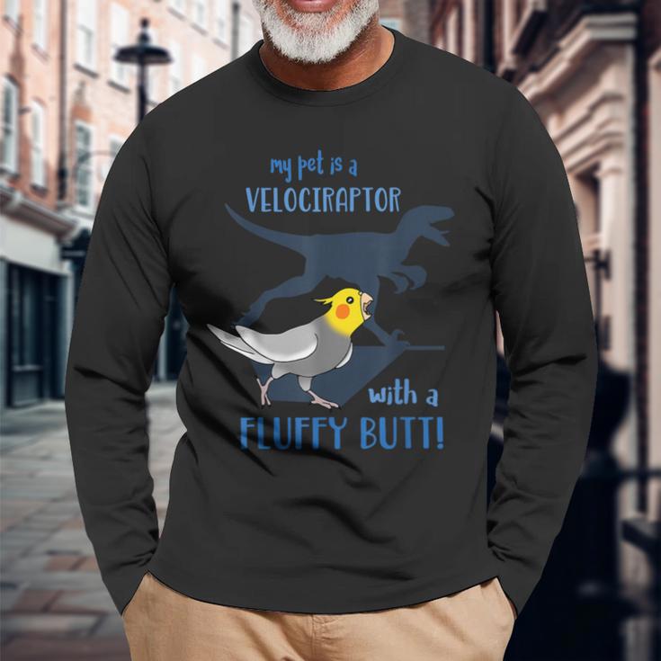 わたしのペットはふわふわお尻オカメインコの鳥を持ったベロキラプトル 長袖Tシャツ 高齢者への贈り物