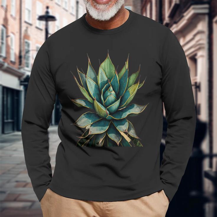 アガベ植物コレクターアガベメキシカン民俗画 長袖Tシャツ 高齢者への贈り物