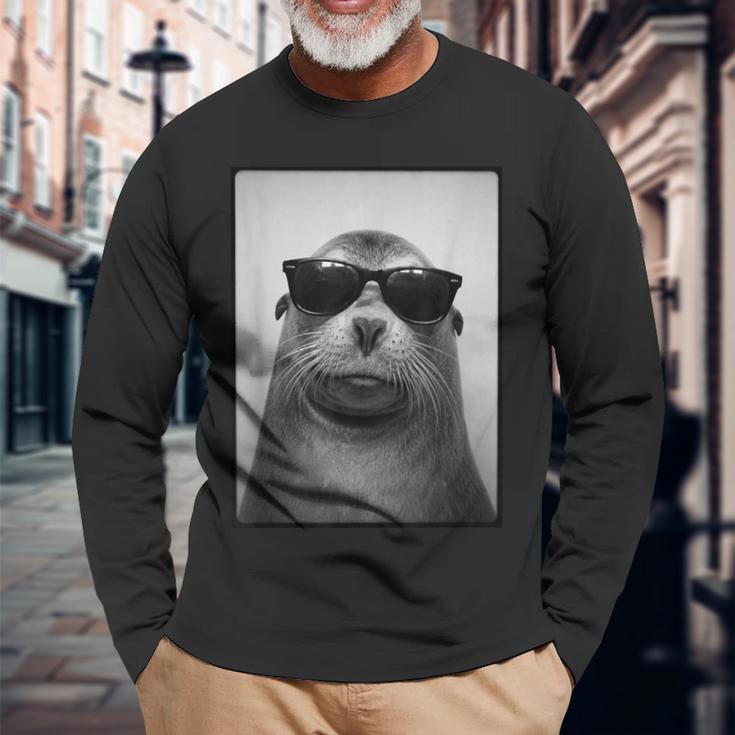 アシカ サングラス フォトブース レトロ 動物 アザラシ ポートレート 長袖Tシャツ 高齢者への贈り物