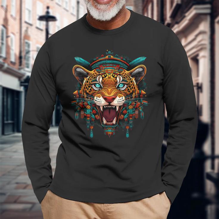 アステカ メキシコ神話 ネイティブメキシコプライド マヤジャガー 長袖Tシャツ 高齢者への贈り物