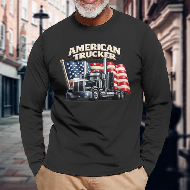 アメリカのトラック運転手 アメリカの国旗 愛国的なトラック運転手 ビッグリグ 長袖Tシャツ 高齢者への贈り物