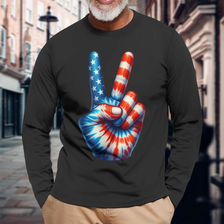 アメリカ国旗 愛国心 平和 手 指 サイン ジェスチャー 長袖Tシャツ 高齢者への贈り物