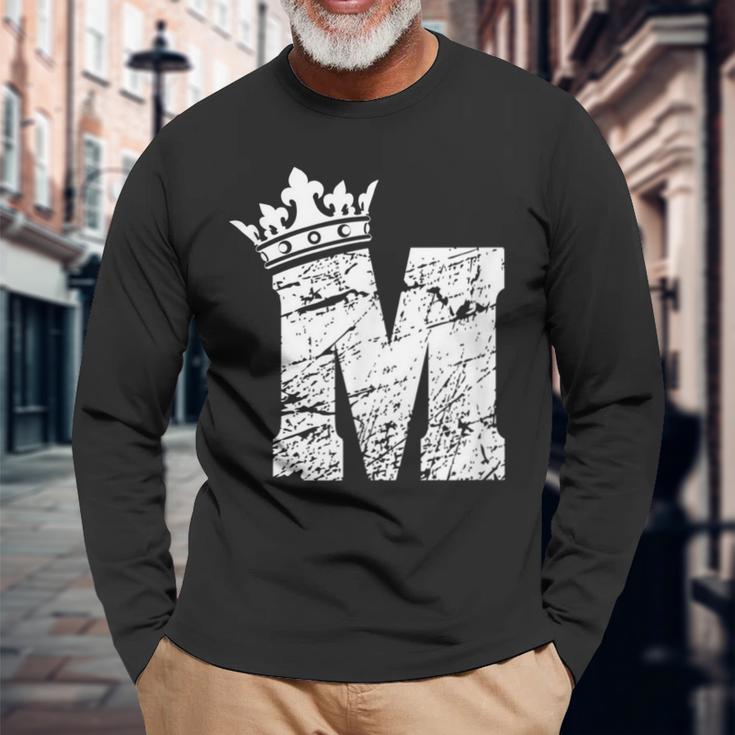 アルファベットtシャツ イニシャル文字mとキングクイーンクラウンtシャツ 長袖Tシャツ 高齢者への贈り物