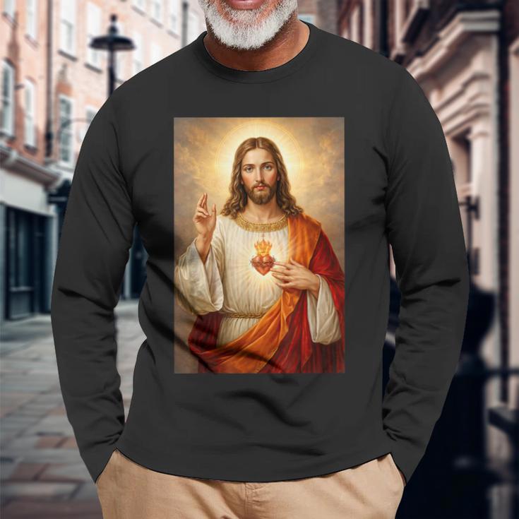 イエスの聖心カトリックキリスト教宗教デザイン。 長袖Tシャツ 高齢者への贈り物