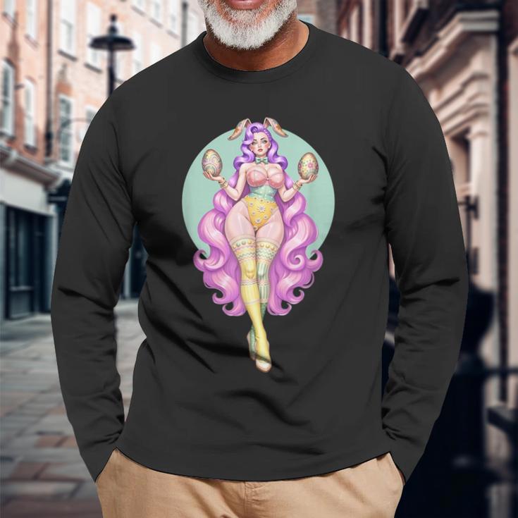 イースターエッグ ウサギ ヴィンテージ ピンナップ バニー スーツ ファンタジーガール 長袖Tシャツ 高齢者への贈り物