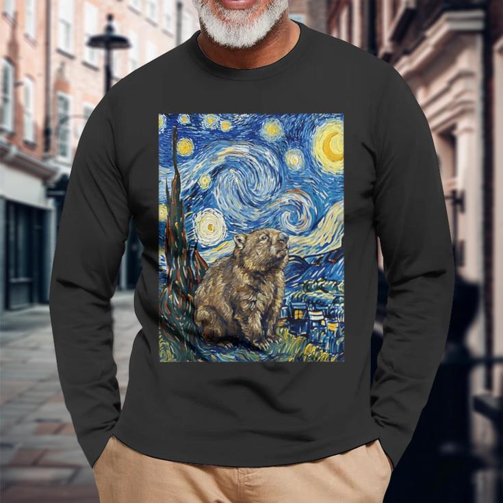 ウォンバット 星月夜 ゴッホスタイル アートペインティング 長袖Tシャツ 高齢者への贈り物