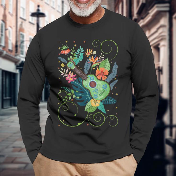 ウクレレミュージックフラワーズハワイ 長袖Tシャツ 高齢者への贈り物