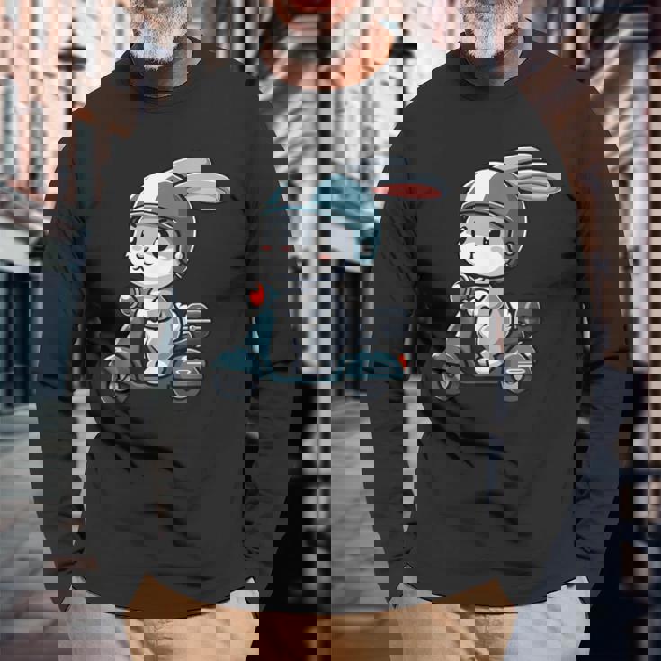 ウサギ スクーター ペット 面白い オートバイ 長袖Tシャツ 高齢者への贈り物