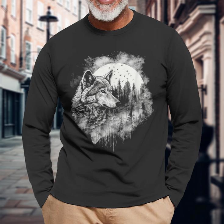 オオカミの絵 プリント 神秘的なオオカミの森 月 遠吠え 長袖Tシャツ 高齢者への贈り物