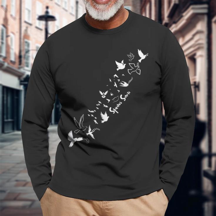 カトリックラテン語フレーズ スピリタス・サンクティは聖霊幽霊 長袖Tシャツ 高齢者への贈り物