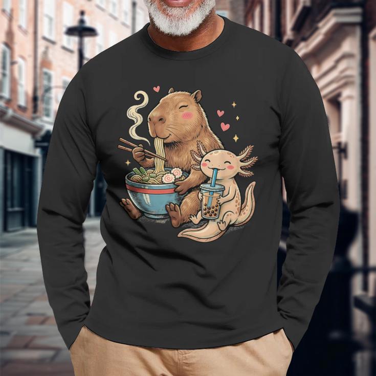 カピバラ×ウーパールーパー ラーメン&タピオカ かわいい 長袖Tシャツ 高齢者への贈り物