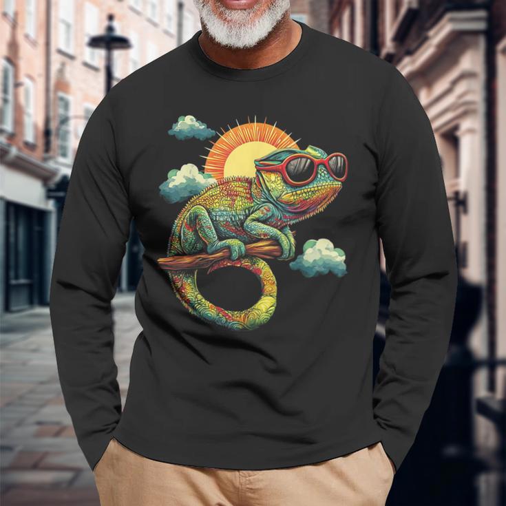 カメレオン 動物 グラフィック サングラス アートワーク カメレオン 長袖Tシャツ 高齢者への贈り物