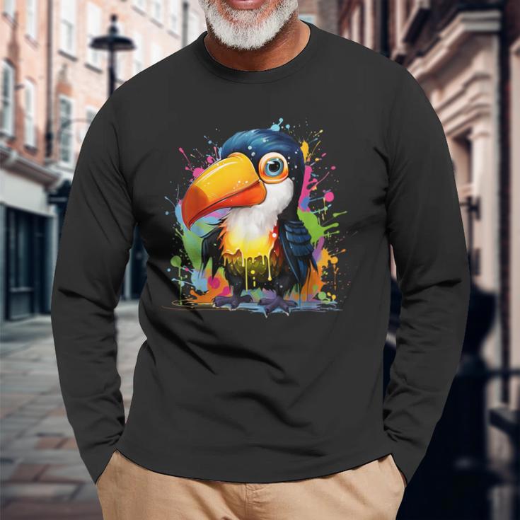 カラフルなペンキの飛沫を持つ小さなオオハシ 長袖Tシャツ 高齢者への贈り物