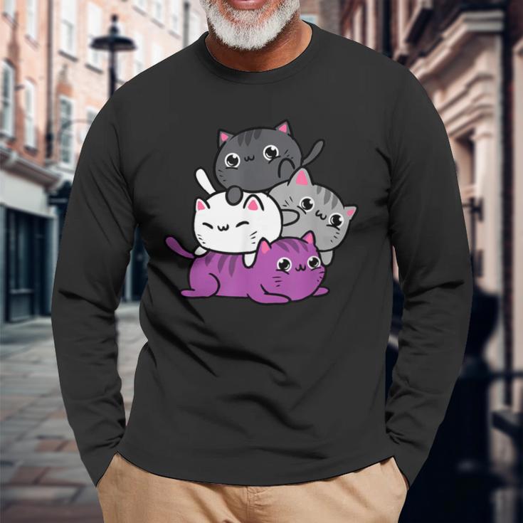 カワイイ猫の山 アセクシャルプライド 長袖Tシャツ 高齢者への贈り物