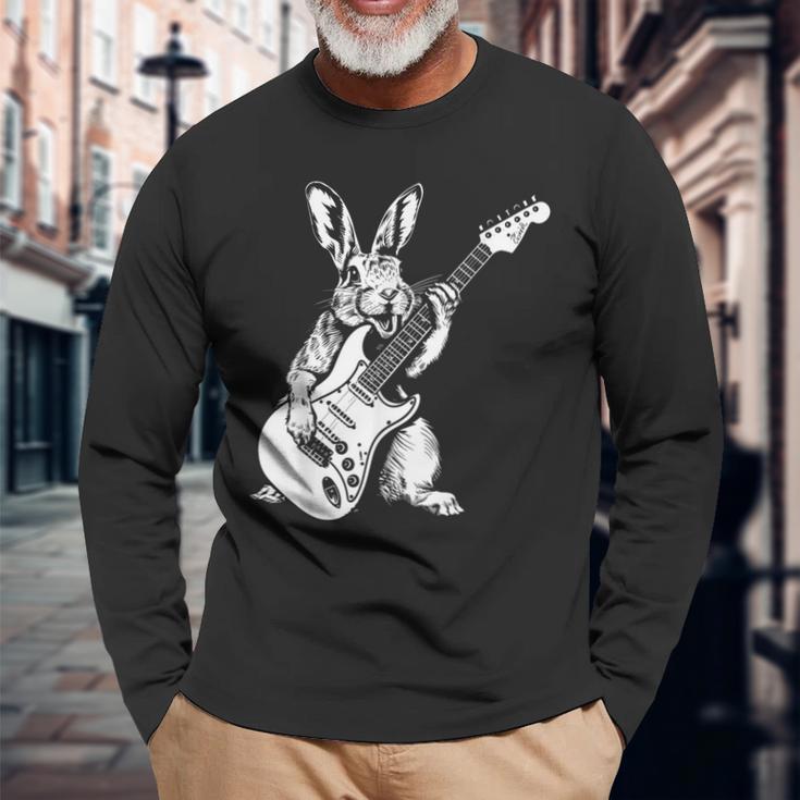 ギタリスト ギター ギタープレーヤー ウサギ お父さん ママ 長袖Tシャツ 高齢者への贈り物