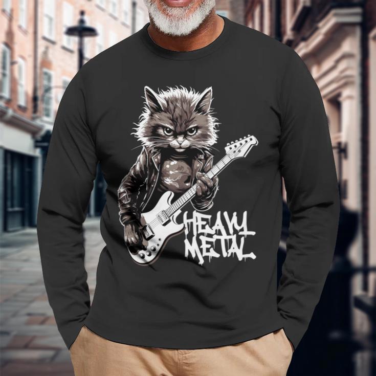ギターを弾く猫 ヘヴィメタル ロックキャット おもしろギタリスト 長袖tシャツ 長袖Tシャツ 高齢者への贈り物