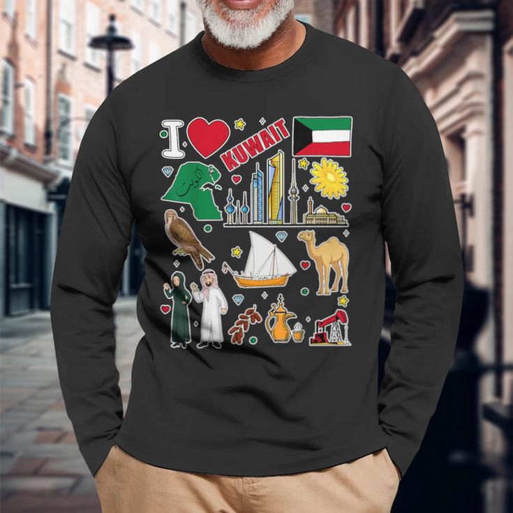 クウェート 手描きのシンボル クウェート地図 文化的アイコン 長袖Tシャツ 高齢者への贈り物