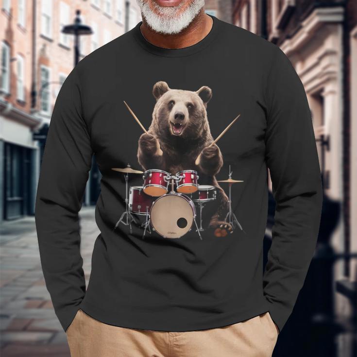 クマの演奏 ドラム リアル 長袖Tシャツ 高齢者への贈り物